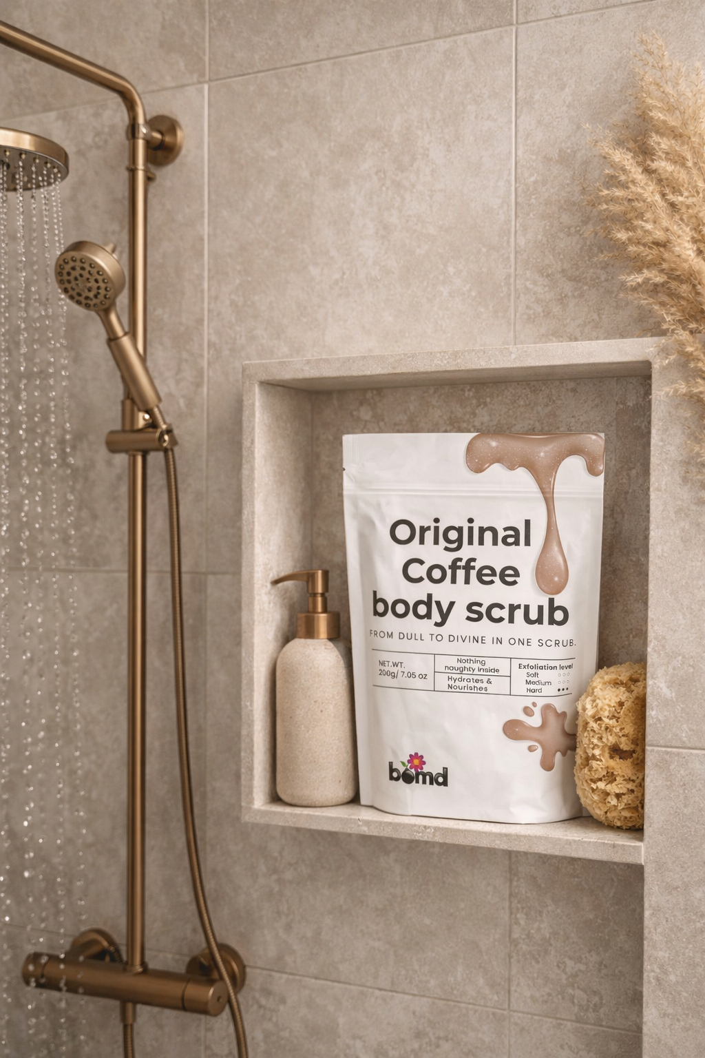 Bag of Original Coffee body scrub in a shower niche with shower head and soap.