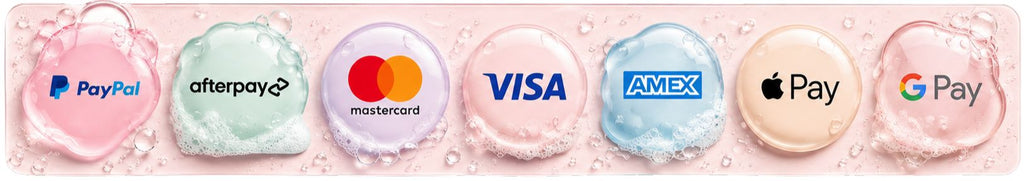 A horizontal row of payment logos including PayPal, afterpay, Mastercard, VISA, AMEX, Apple Pay, and G Pay, each centered inside a pink bubbly outline on a pale pink background.