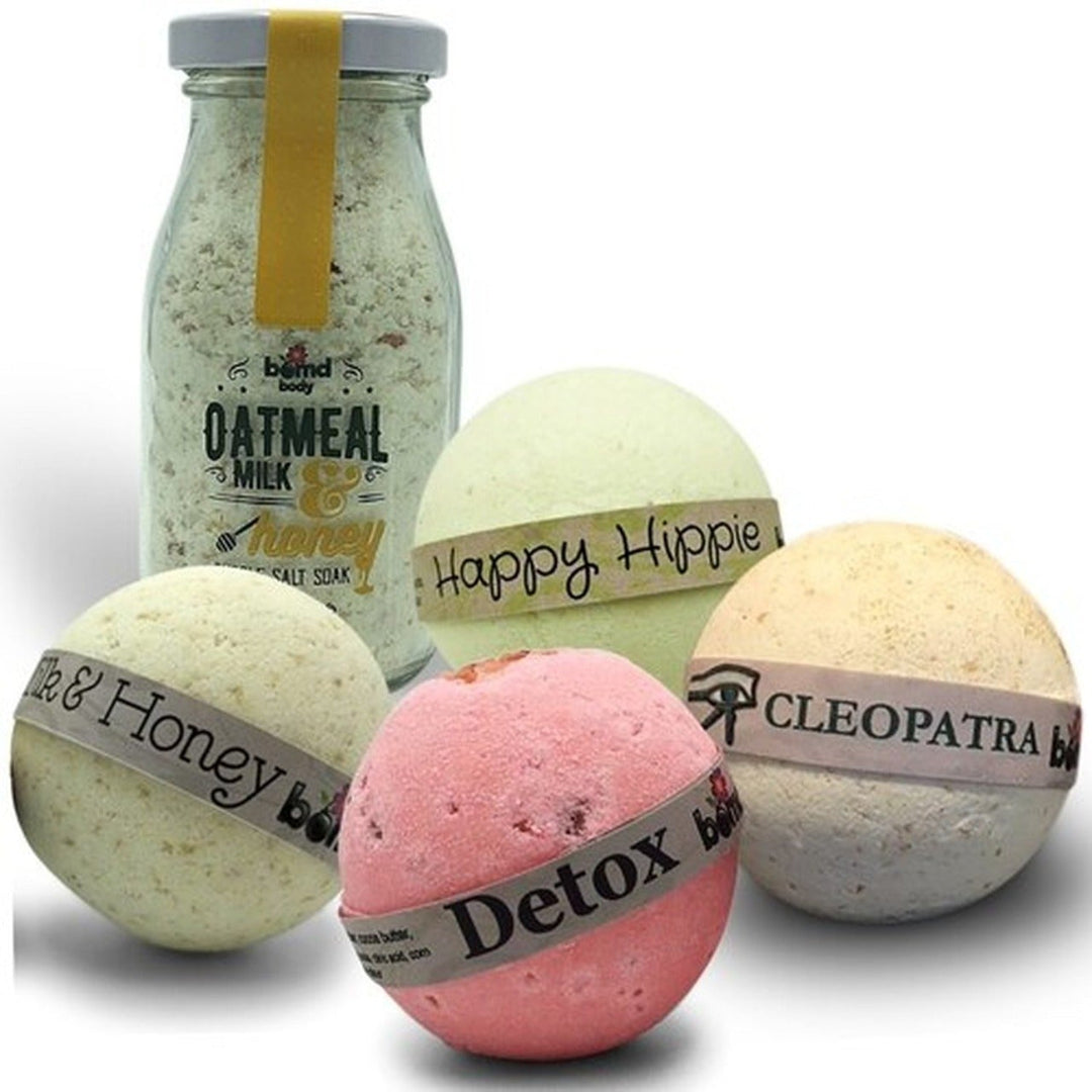Body Bath Bomb Soak & Bubble Bath Moisturising Soaks Gift Set with Milk & Honey Bomb, Cleopatra Bomb, Happy Hippies & Detox Pink Rock Salt Bath Bomb Soak & Vintage Milk Bottle Bubble Bath