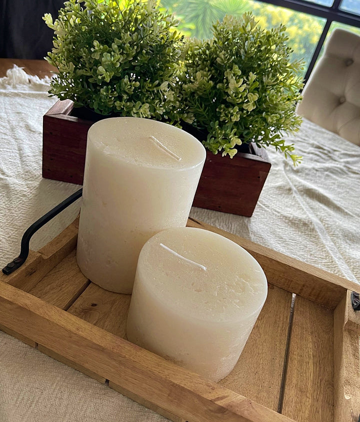 Off White Pillar Candle Rustic Relic Design