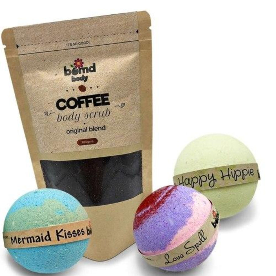 Coffee Body Scrub + Love Spell, Mermaid Kisses, Happy Hippie Bath Bombs Pack