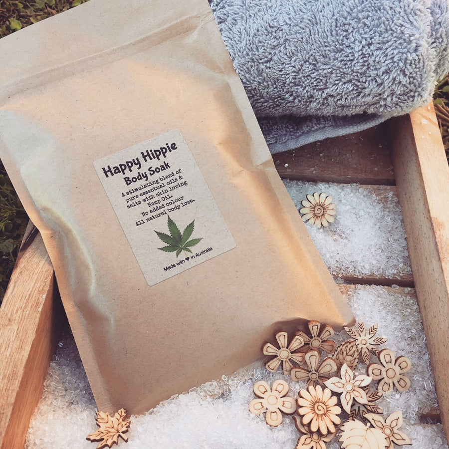 Happy Hippie Organic Hemp Oil 100% all Natural Lightly Bubbling Body Soak with Pink Salt Sea Salt Epsom Salts and Skin Loving Butters Made By Bomd Australia