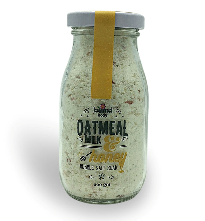 Oatmeal Milk and Honey Bubble Bath Salt Soak by Bomd Body in Cute Glass Miniature Milk Bottle 