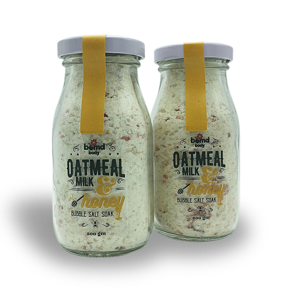 Relax your body and soothe your muscles while moisturising your skin with Milk & Honey Oatmeal Bubbling Salt Soak by Bomd Body