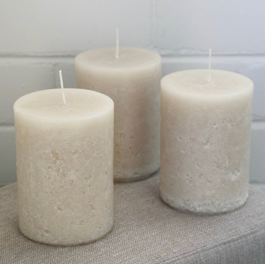 Off White Pillar Candle Rustic Relic Design
