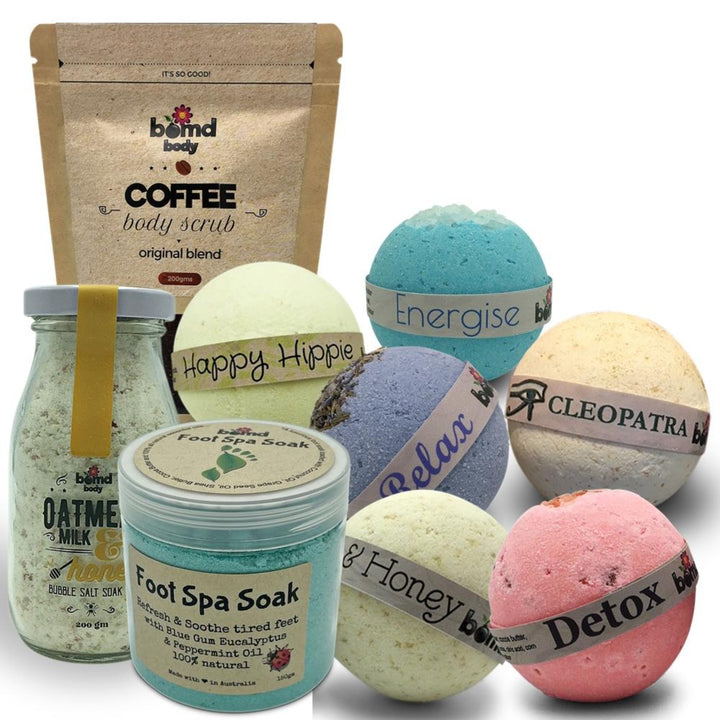 Bomd Body Bath Bomb, Body Scrub & Foot Soak Pamper Hamper Gift Set