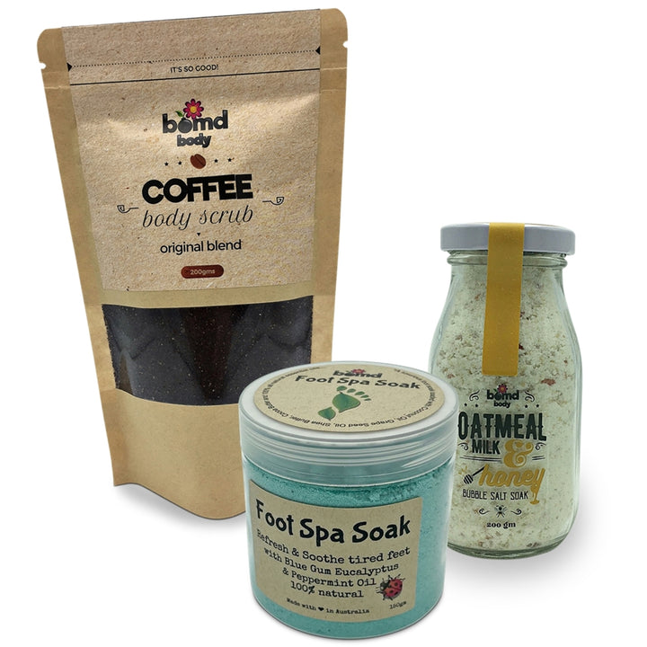 Bomd Body Skin Scrub n Soak Pamper Set includes Original Coffee Scrub Foot Treatment & Milk n Honey Bubble Bath Salt Soak