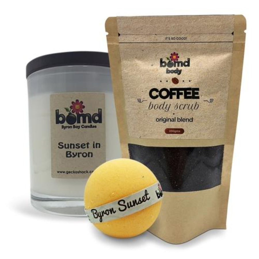 Sunset in Byron Candle, Tropical Bubble Bath Bomb & Coffee Body Scrub Gift Set by Bomd Body