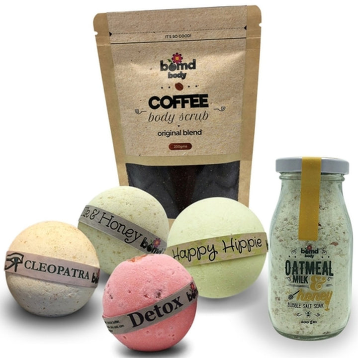 Luxury Bath Bomb Soak & Body Scrub Gift Set includes Coffee Scrub Soak Bombs and Cute Vintage Milk Bottle Bubble Salt