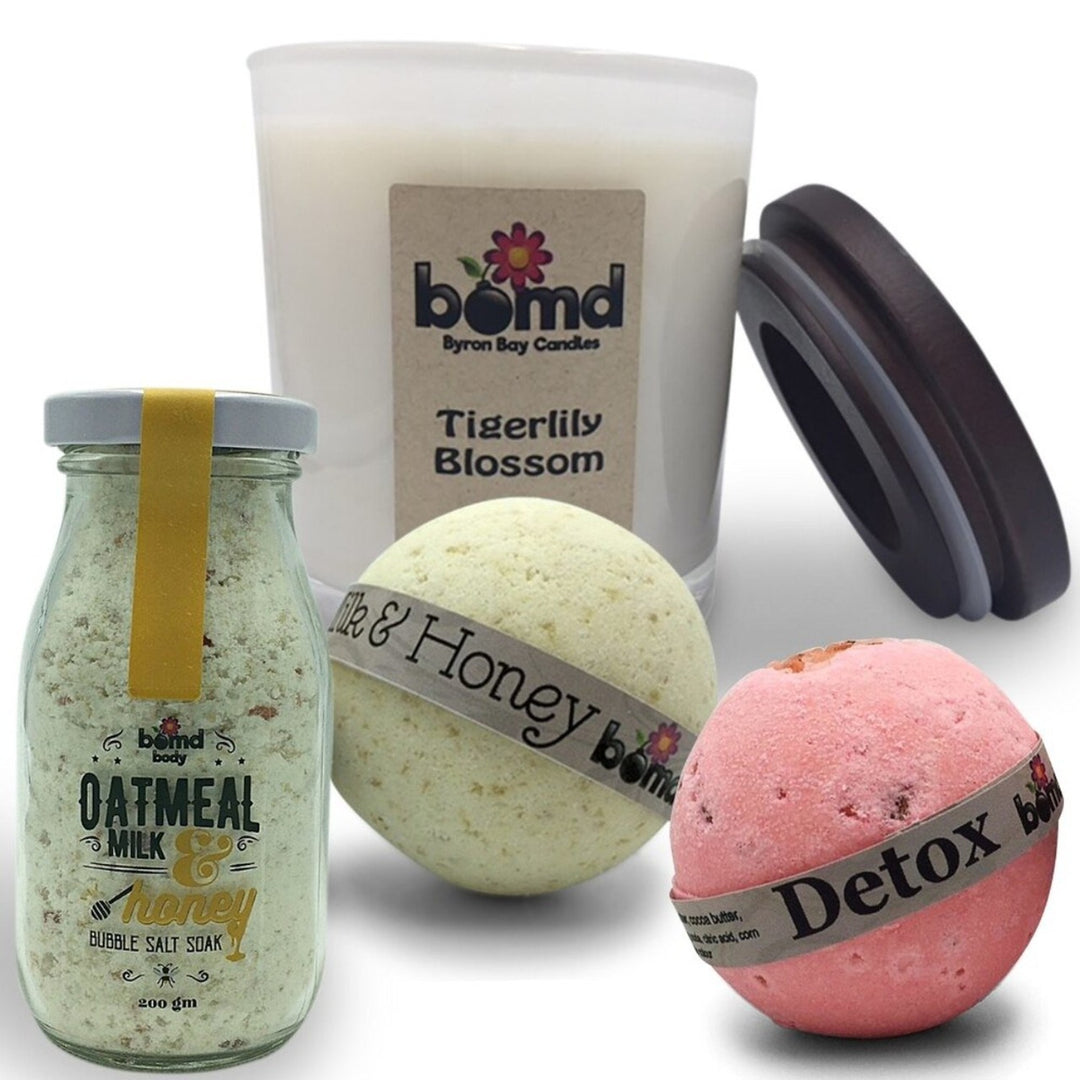 Relaxing Bath Bomb Body Soak Gift Set with Hand Poured 100% Soy Candle and Milk n Oatmeal Salt Bubble Bath