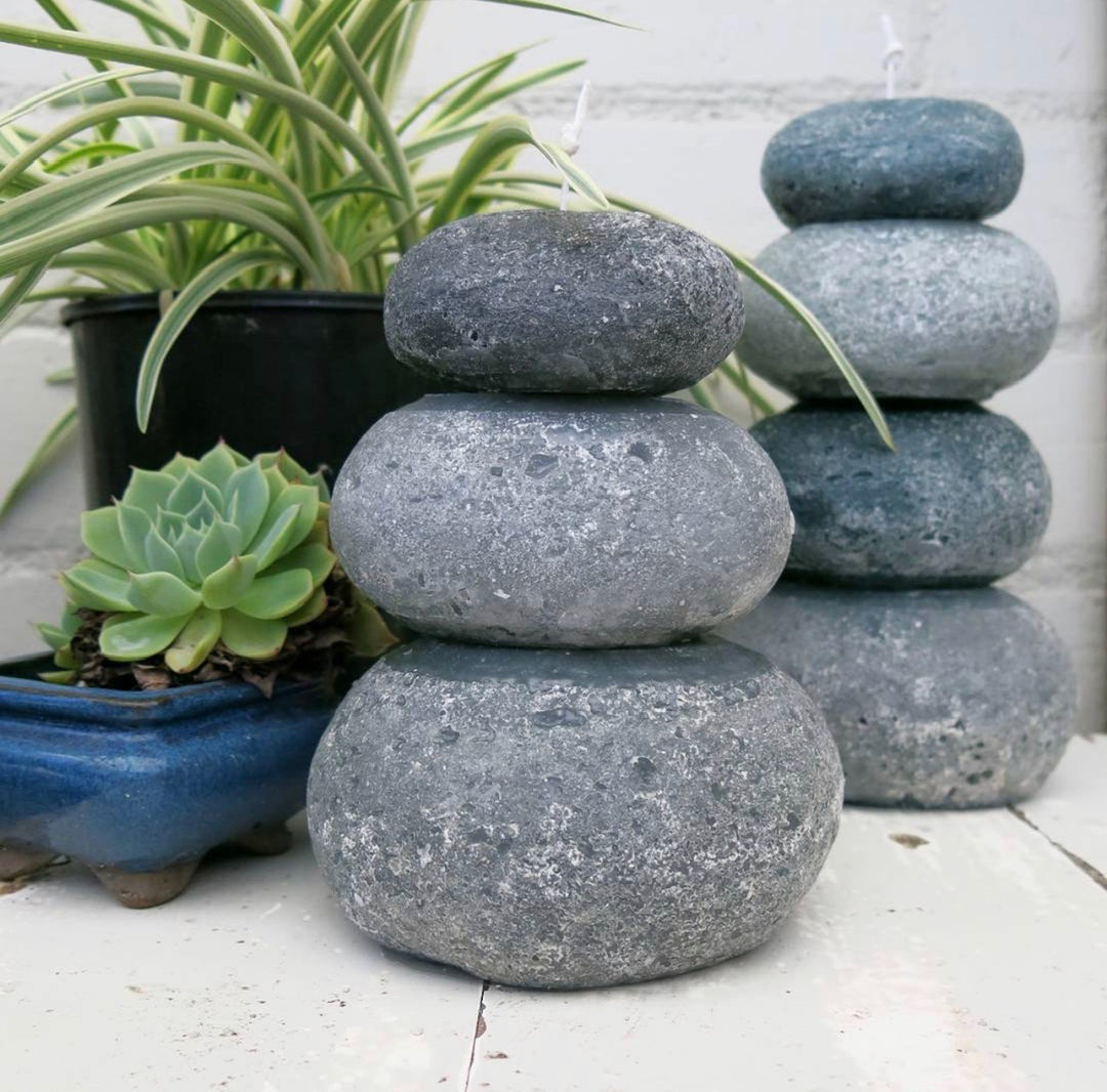 Zen Spa Candle Unscented in 3 Tier Rustic Stone Pebble Pillar Rustic Natural Design