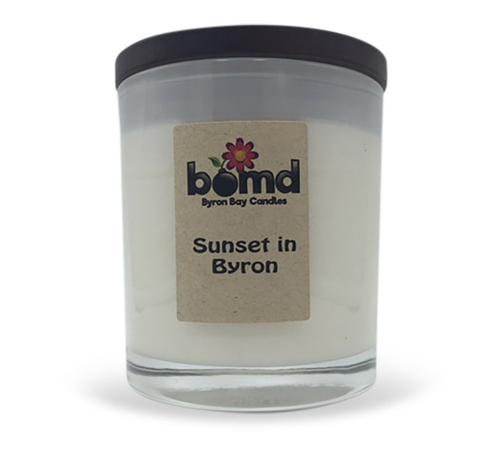 Sunset in Byron 100% Soy Hand Poured Candle with Crackling Wooden Wick in Glass Jar Display