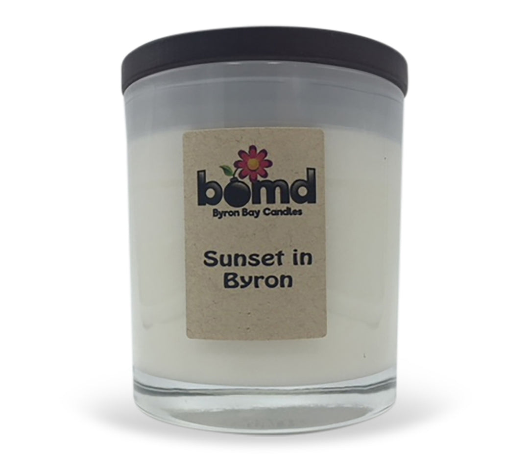 Sunset in Byron 100% Soy Hand Poured Candle with Crackling Wooden Wick in Glass Jar Display