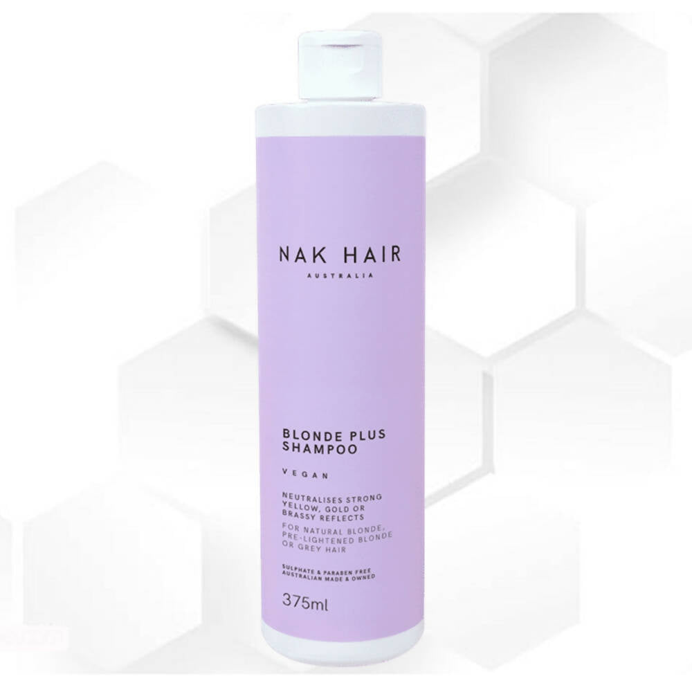 NAK Hair Blonde PLUS Shampoo 375ml Neutralises Strong Yellow Gold Brassy Reflects