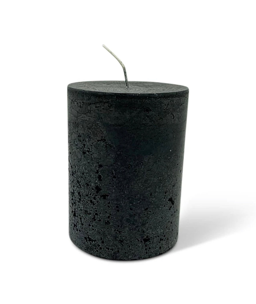 Black Pillar Candle in Rustic Charcoal Relic Finish Design
